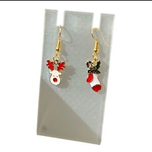 Christmas Dangle Earrings Reindeer & Stocking Holiday Gold Tone